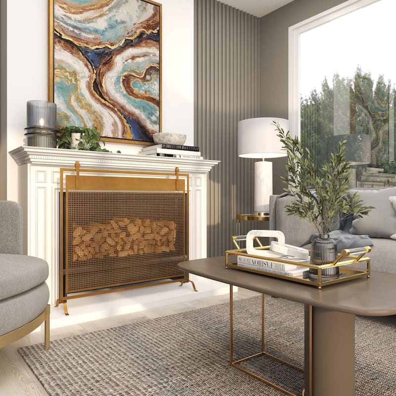 Copper Metal Suspended Grid Style Netting Single Panel Fireplace Screen with Bolted Detailing