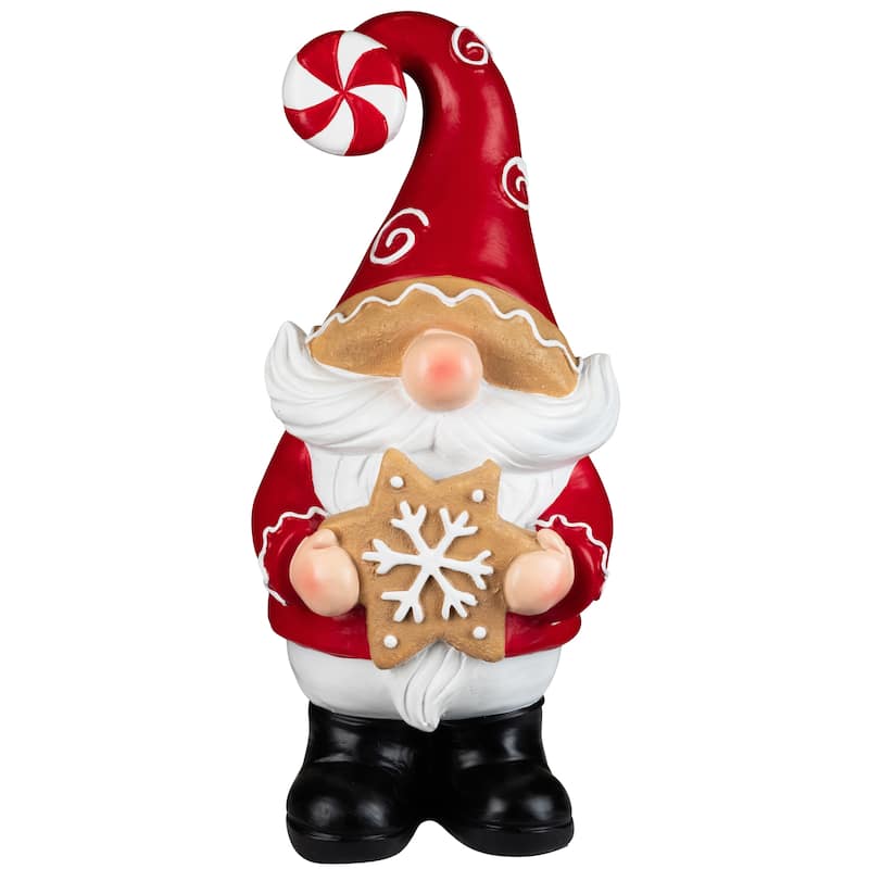 Gnome Holding Gingerbread Snowflake Cookie Christmas Decoration - 11.5" - Red