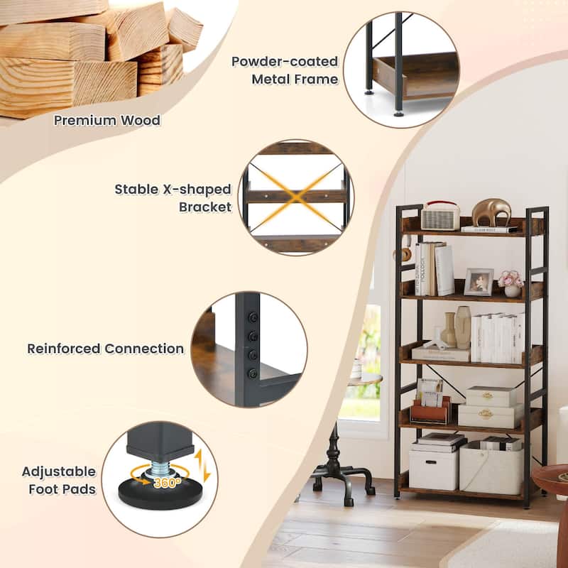 Costway 1/2 PCS 5-Tier Storage Rack with 4 Hooks Open Display Shelves