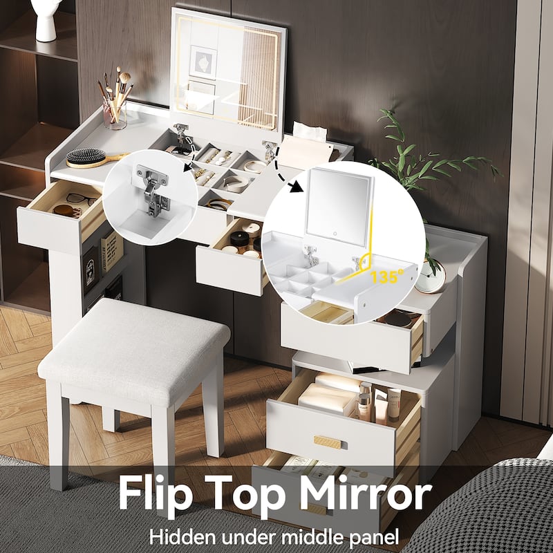 3-in-1 Makeup Vanity Desk with Stool, Flip-Top Mirror, Adjustable 3 Colors Lighting & Retractable Side Cabinet - White
