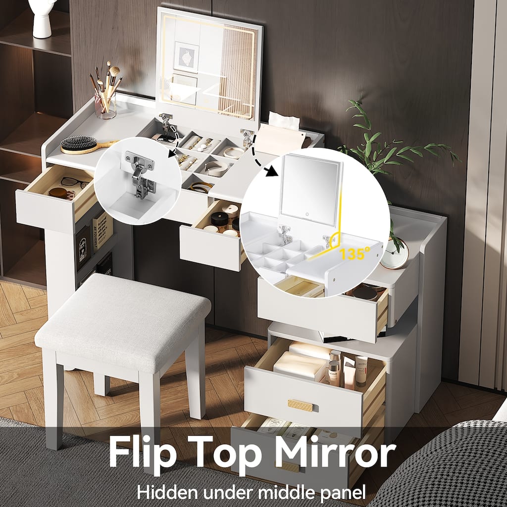 3-in-1 Makeup Vanity Desk with Stool, Flip-Top Mirror, Adjustable 3 Colors Lighting & Retractable Side Cabinet