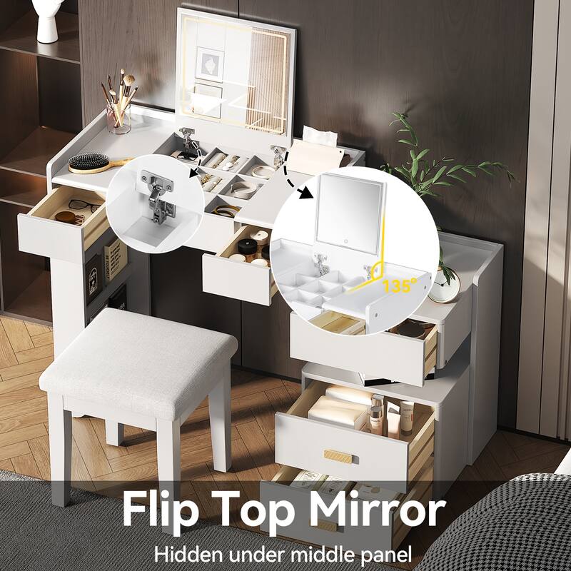 Bedroom Dressing Table and Stool Set of 2, 3-in-1 Makeup Vanity Desk with 3-Color Lighted Mirror & Retractable Side Cabinet