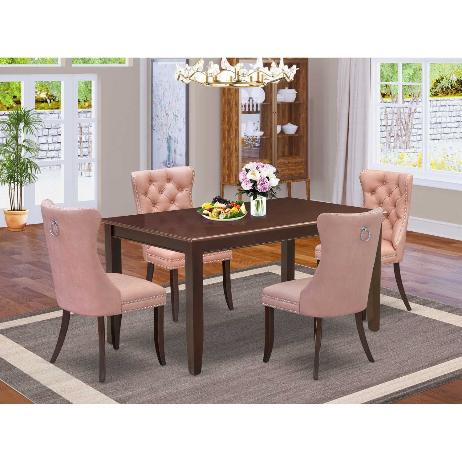 5-Piece Mahogany Finish Solid Wood Top-Rectangular Upholstered Dining Room Set-Seats 4
