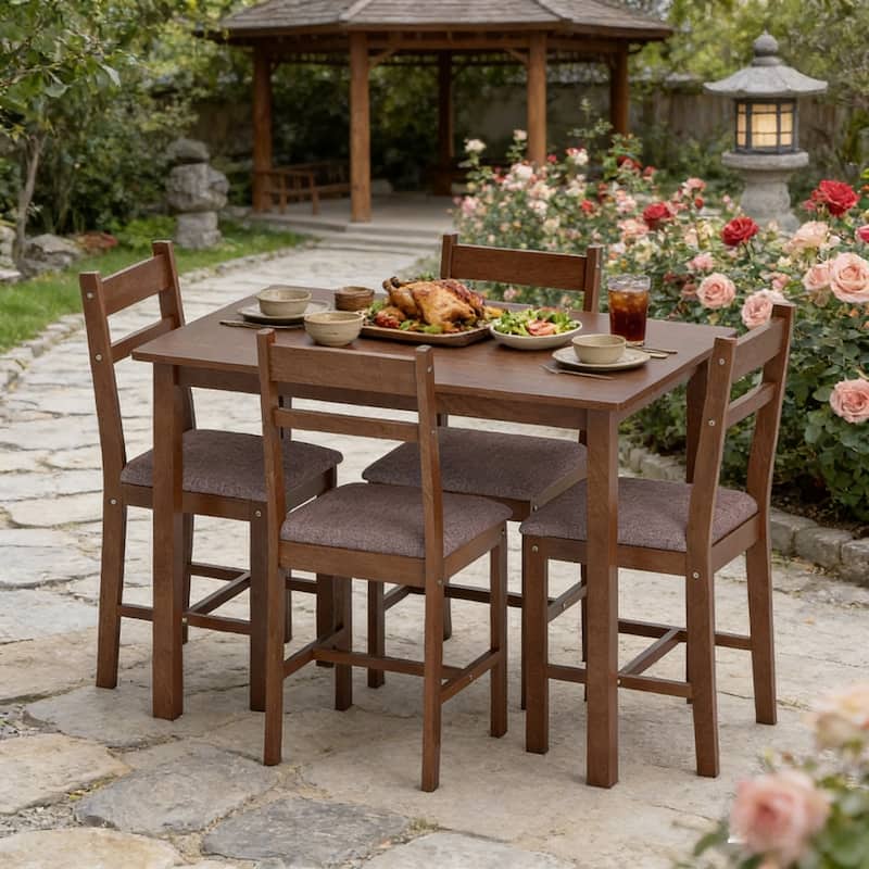 5-Piece Dining Set, Farmhouse Wooden Table and 4 Cushioned Chairs - Brown