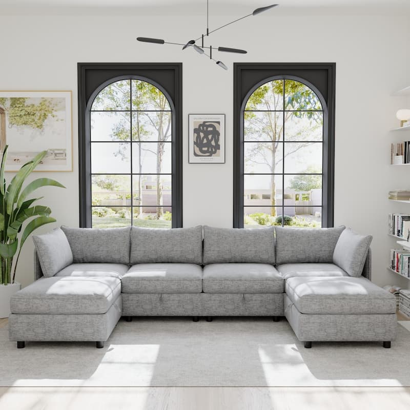 129" Chenille Sectional Sofa with Storage and Two Ottomans - Grey