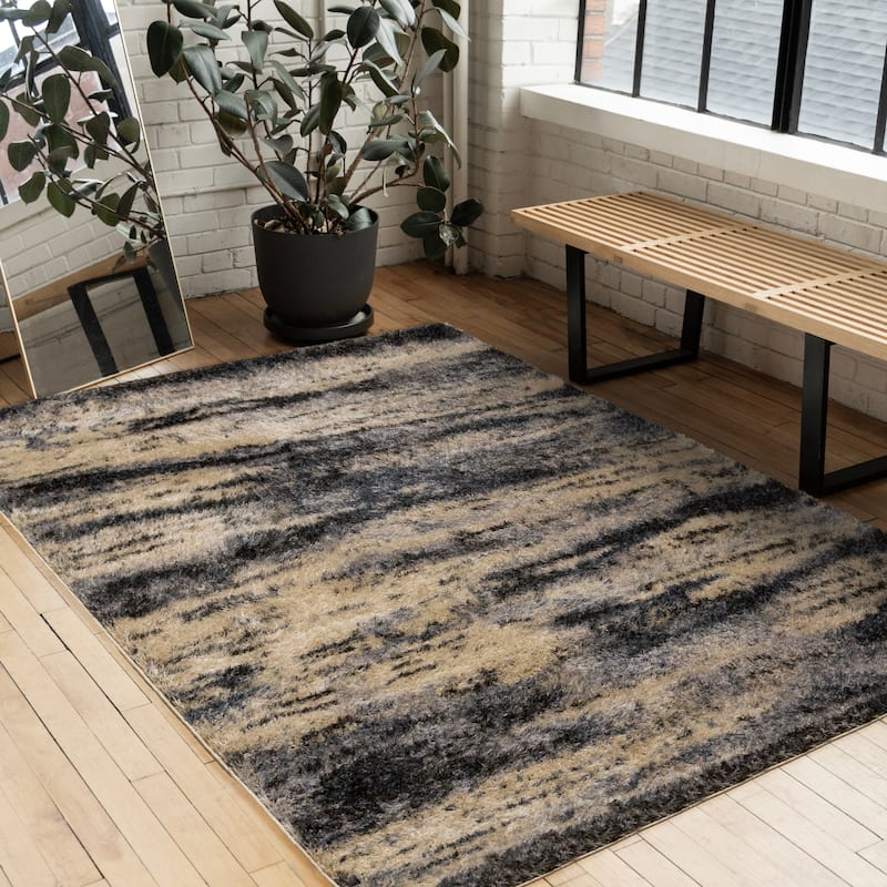 Beige Grey Black Distressed Soft High-Traffic Rug
