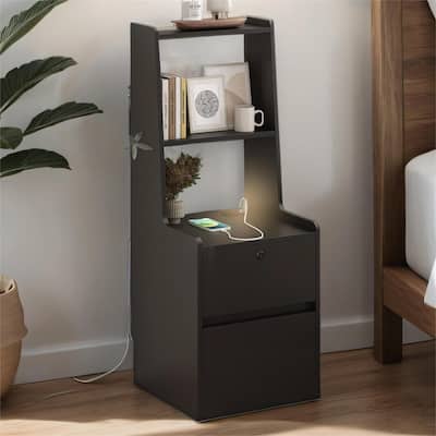 Nightstand w/ Charging Station, Night Light, Bookshelf,Storage Cabinet