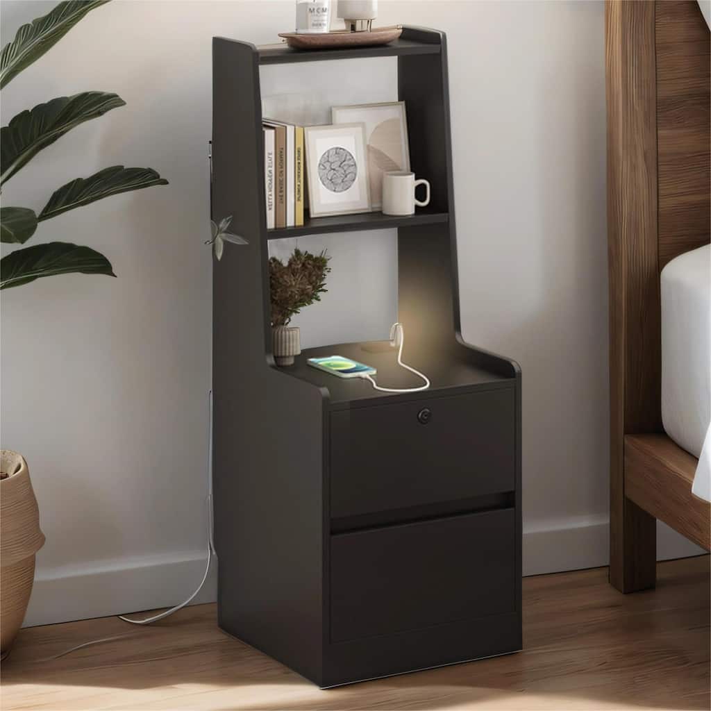 Nightstand w/ Charging Station, Night Light, Bookshelf,Storage Cabinet