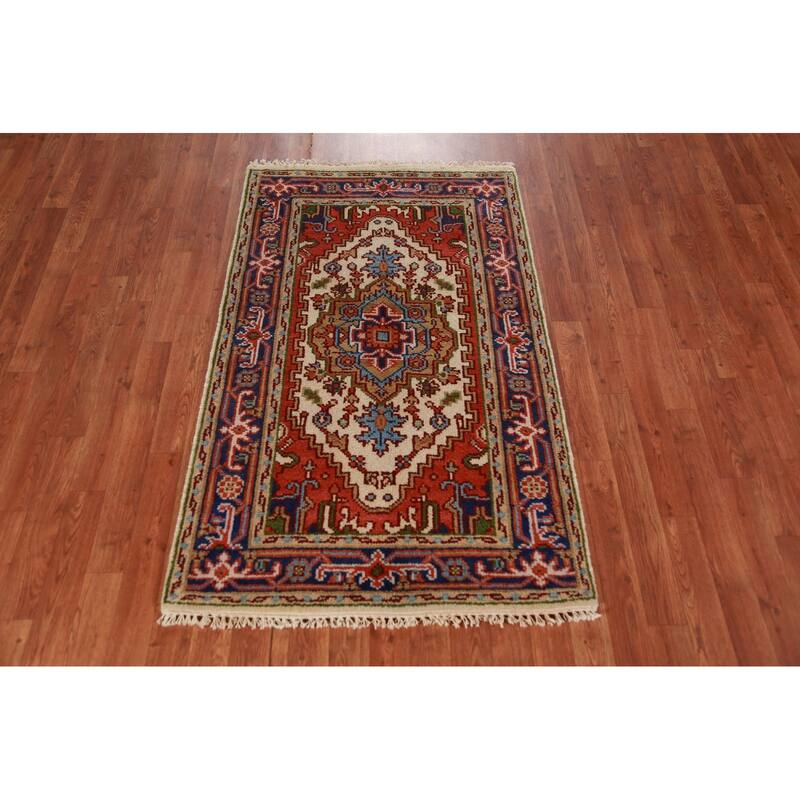 Ivory Geometric Heriz Serapi Indian Foyer Rug Handmade Wool Carpet - 3'0"x 4'11"
