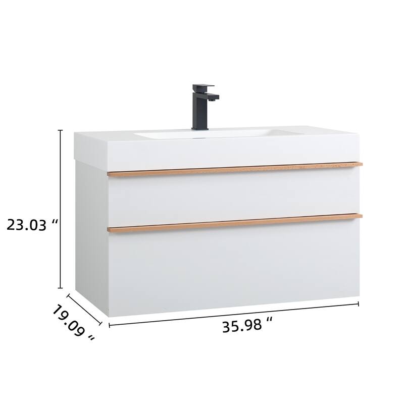 36" Wall Mounted Bathroom Vanity with Integrated Acrylic Sink, 2 Soft-Close Drawers