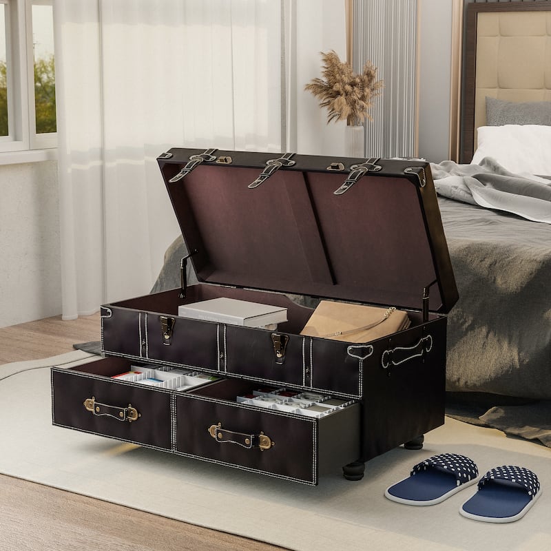 COZAYH Vintage Storage Ottoman Bench, Chest Cabinet with Latch Closure and Buckle for Bedroom Closet Home Organizer Decorative
