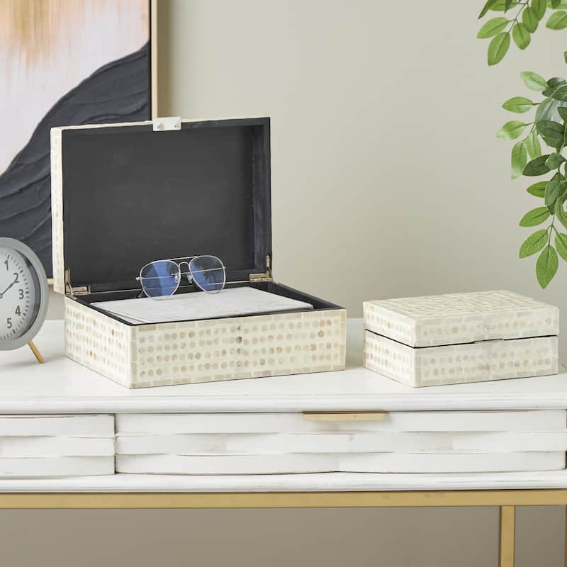 Mother of Pearl Shell Geometric Handmade Mosaic Dot Storage Decorative Box - Set of 2 Cream - Roche River Decor