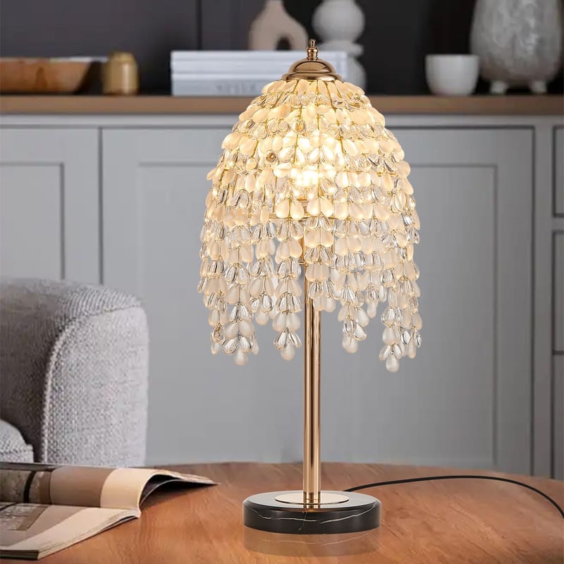 19" Crystal Table Lamp Vintage Waterfall Design with Teardrop Beads & Marble Base (Bulb Not Included) - Gold
