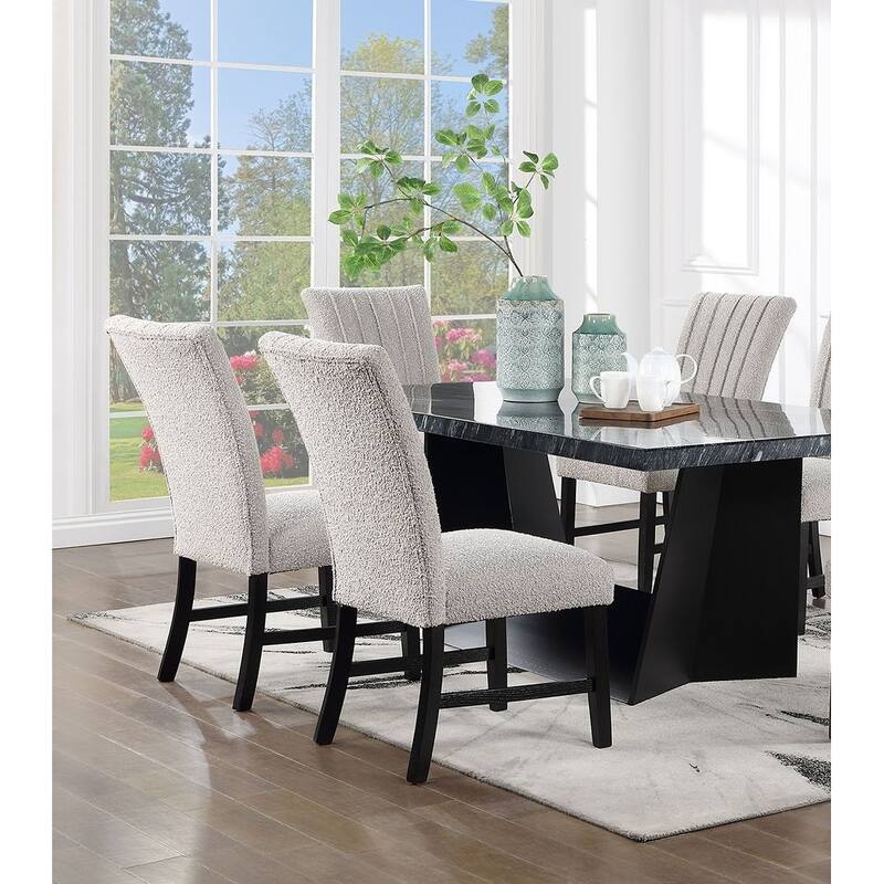 Classic Parson Chair Gray Boucle Fabric 2pc Dining Side Chairs Nalihead Trim Black Solid wood Legs Dining Room Furniture