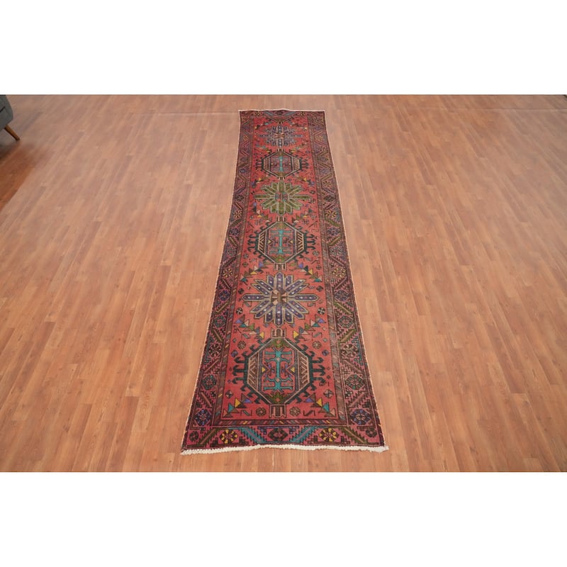 Hand Knotted Oriental 100% Wool Carpet Traditional Geometric Pink Heriz Runner Rug - 12' 2'' X 3' 0''