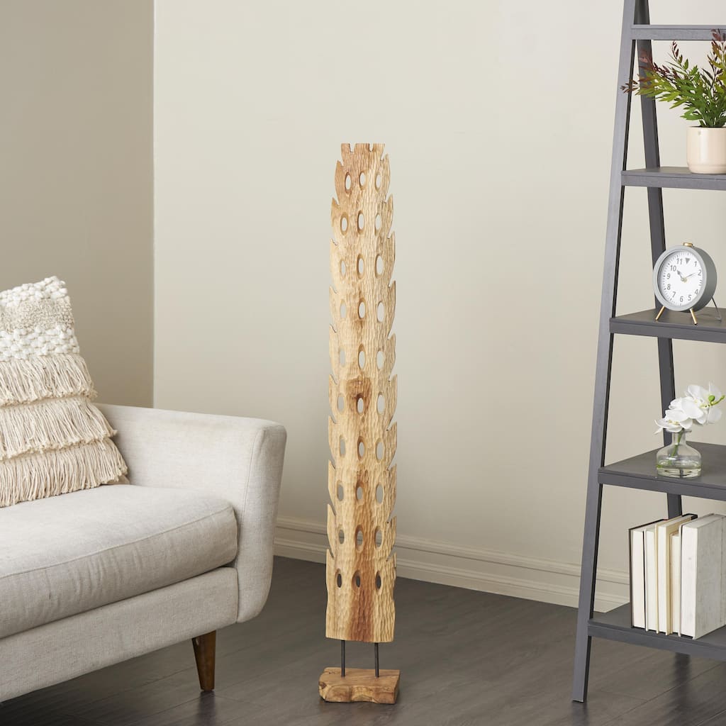 Brown Teak Wood Handmade Tall Floor Cutout Post Abstract Sculpture with Live Edge Base