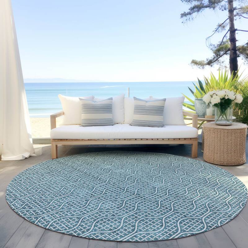 Machine Washable Indoor/ Outdoor Chantille Criss Cross Geo Rug - Teal - 8' x 8'
