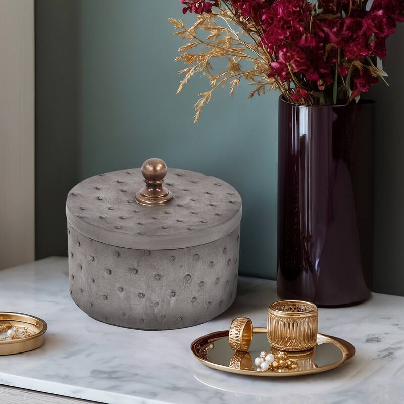 Allan Andrews Round Gray Faux Ostrich Skin Decorative Box, Small - 4H x 4W x 4D