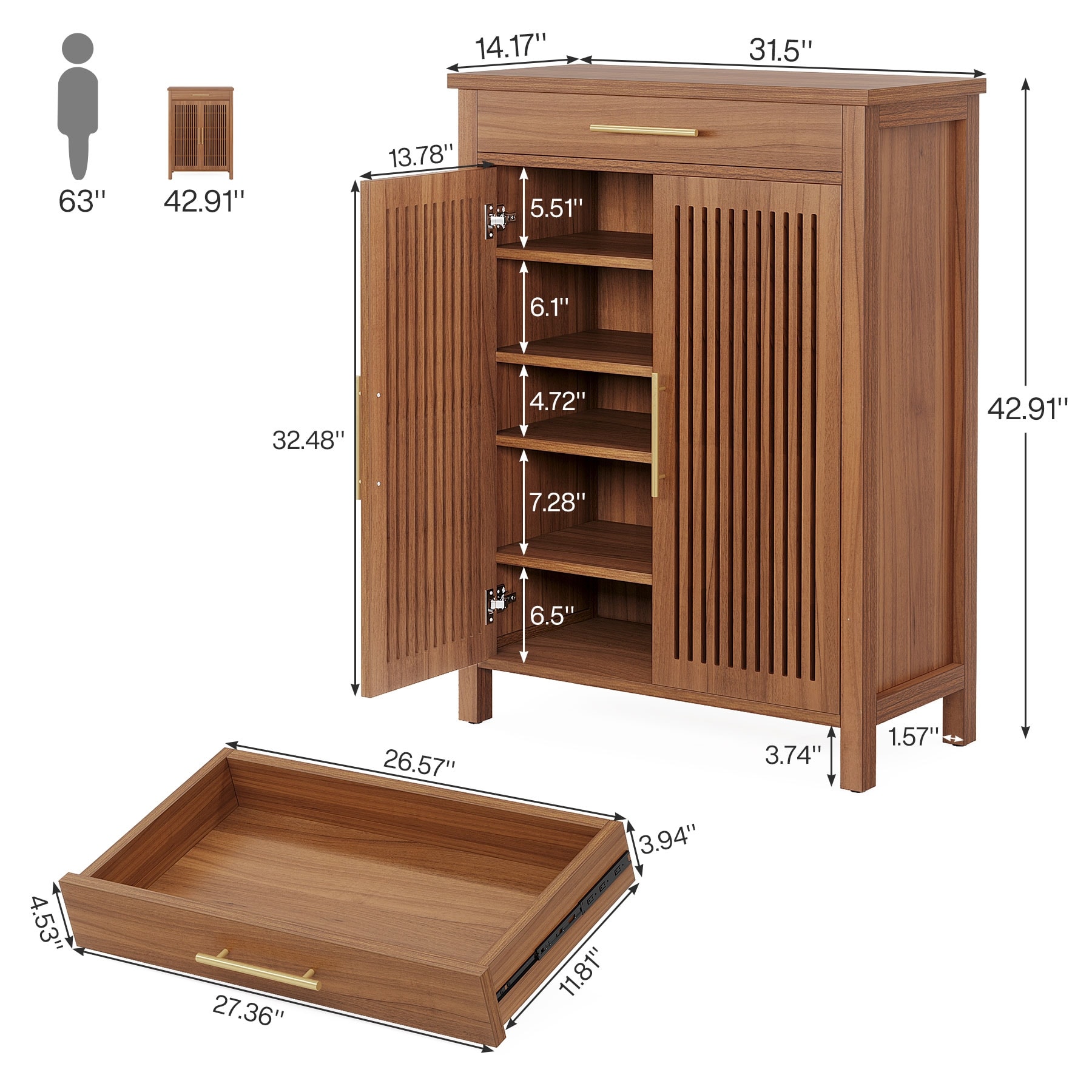 Shoe Cabinet with Louvered Doors & Drawer, Freestanding Wooden Shoe Rack for Entryway