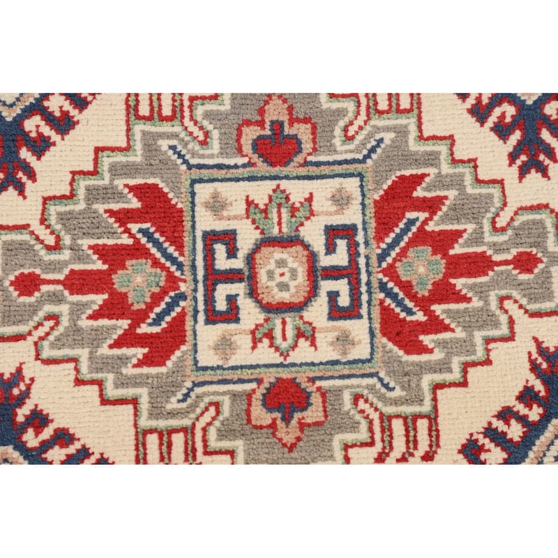 Ivory / Beige Geometric Kazak Oriental Accent Rug Handmade Wool Carpet - 3'6" x 5'1"