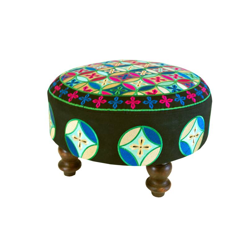 Imports Decor Wooden Round Stool with chicken embroidery