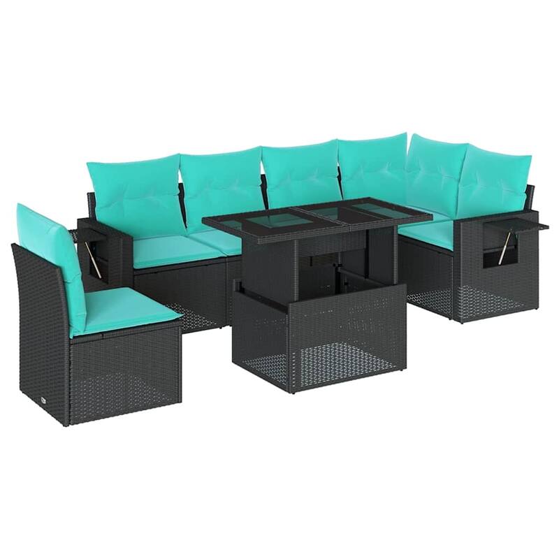 vidaXL 7 Piece Patio Sofa Set with Cushions Black Poly Rattan - 24.4 x 24.4 x 27.2