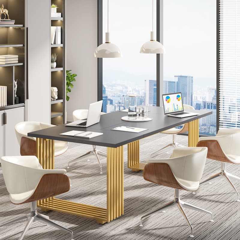 70.9" Modern Office Desk, White Executive Desk with Gold Metal Frame