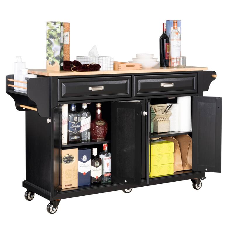 Kitchen Island with Rubber wood Countertop, Kitchen cart on 5 Wheels with Storage Cabinet and 2 Top Drawers