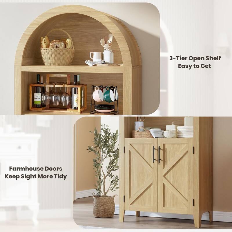 Arched Bookcase, Kitchen Pantry Storage Cabinet with Open Display Shelf