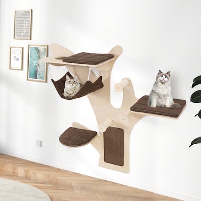 4-Tier Wall Cat Furniture with Scratching Posts Cushioned Perches and Hammock Lounger