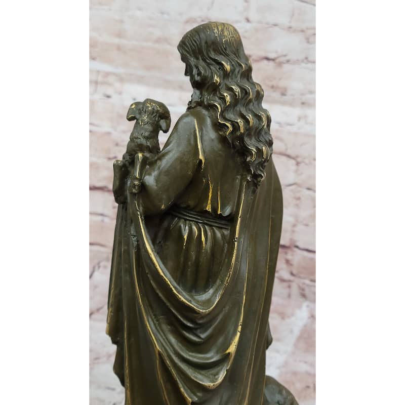 Jesus As Shepherd With Lambs Bronze Sculpture - Religious Christian Art