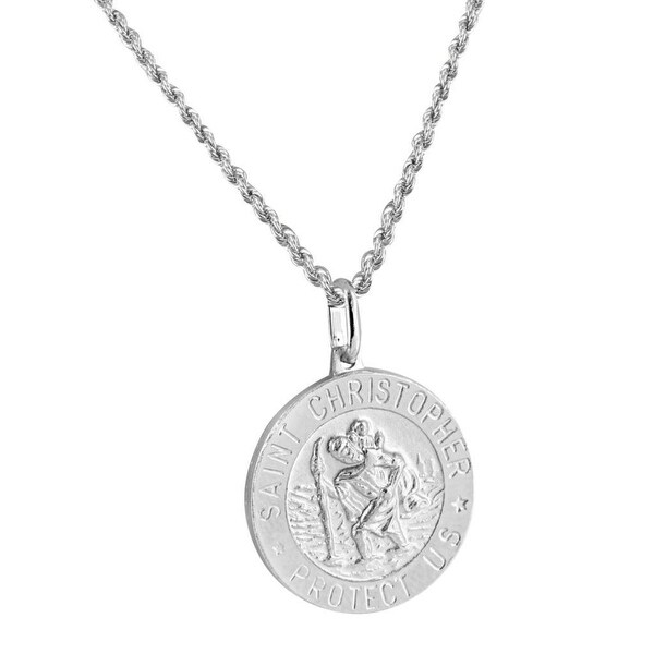 St. Christopher Medal Pendant Real Sterling Silver Round Charm 18 Inch Chain