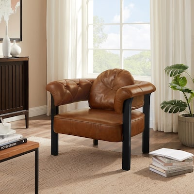 Art Leon Mid-century Top Grain Leather and Wood Accent Chair