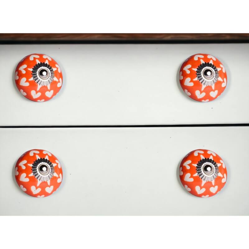 Set of 8 Hand-Painted Orange, White & Silver Floral Ceramic Cabinet Knobs - 1.5" x 1.5" x 1.5"