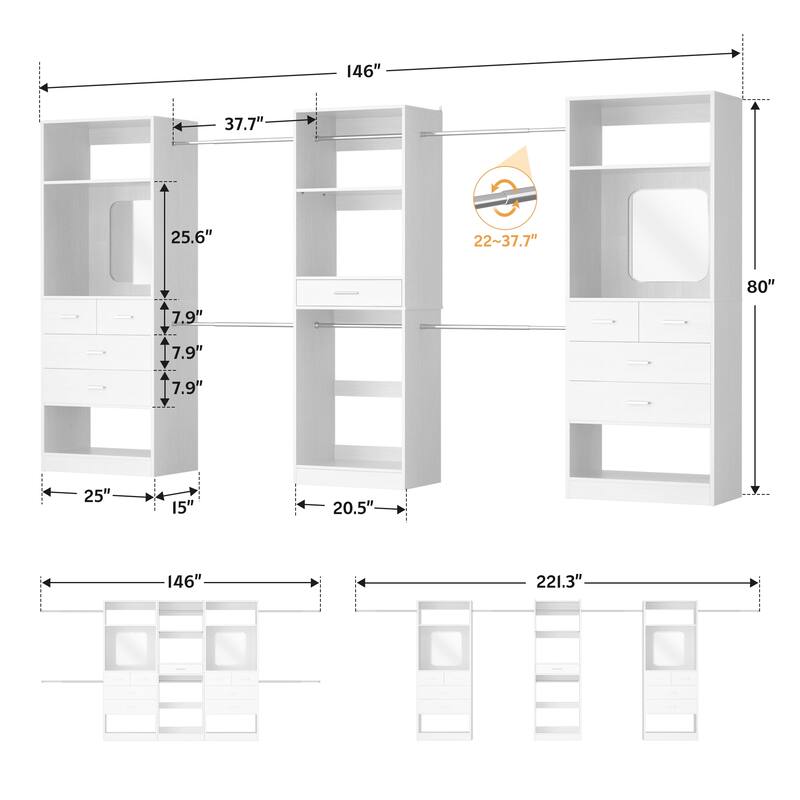 70'' - 221'' Set of 3 Closet System Organizer with Adjustable Hanging Rods, Shoe Racks, and Shelves