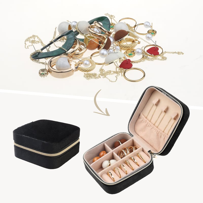 Travel Jewelry Box for Women Girls Gifts, Small Portable Plush Velvet Jewelry Organizer Case Storage Display Holder - 10x10x5cm - Black