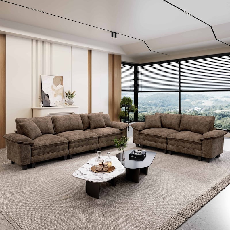 MAISON ARTS 2-Piece Chenille & Corduroy Sofa Set, Comfy 3/4/5-Seater Modular Loveseat & Armchair with Throw Pillows - Brown Chenille(5 Pieces) - Left Facing