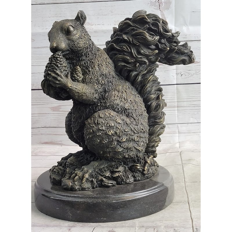 Squirrel Eating An Acorn Bronze Sculpture Statue Handmade Figure Original Art Marble Base