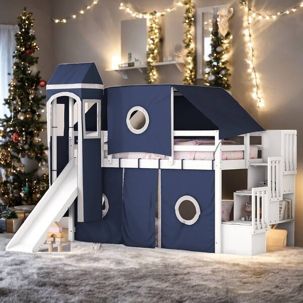 slide 2 of 20, Twin Size Loft Bed With Tent And Tower,Kids Bedroom Sets Blue