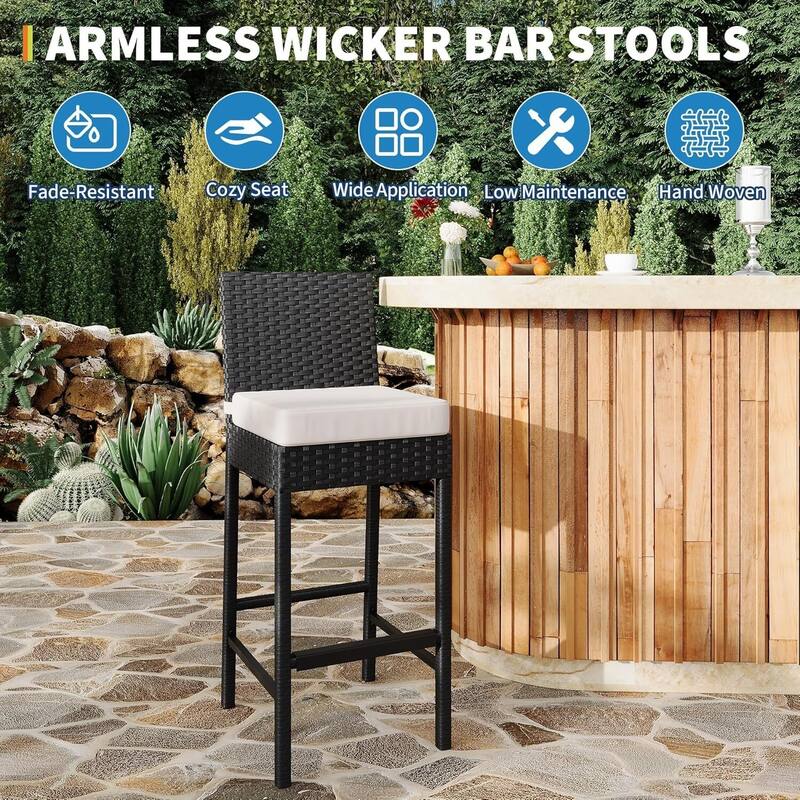 Patio Rattan Bar Stool with Cushions for Indoor Outdoor