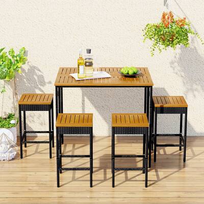 Outdoor Patio Furniture Bar Set, PE Rattan Wicker Bar Height Dining Table Set with 4 Stools And 1 Wooden Foldable Table