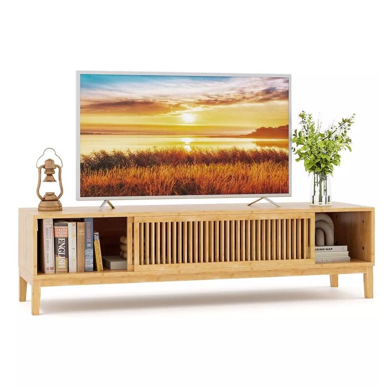 TV Stand for TVs up to 65 Inches W/ Sliding Slatted Doors Natural - 55 inches