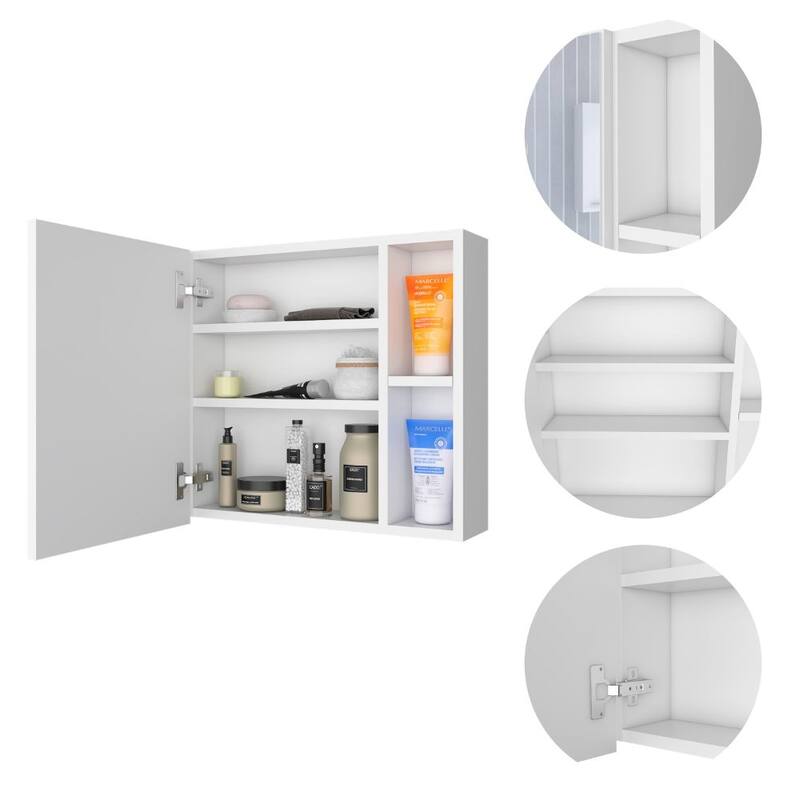Medicine Cabinet with Mirror, Three Interior Shelves, Single Door, Two External Shelves - White Finish