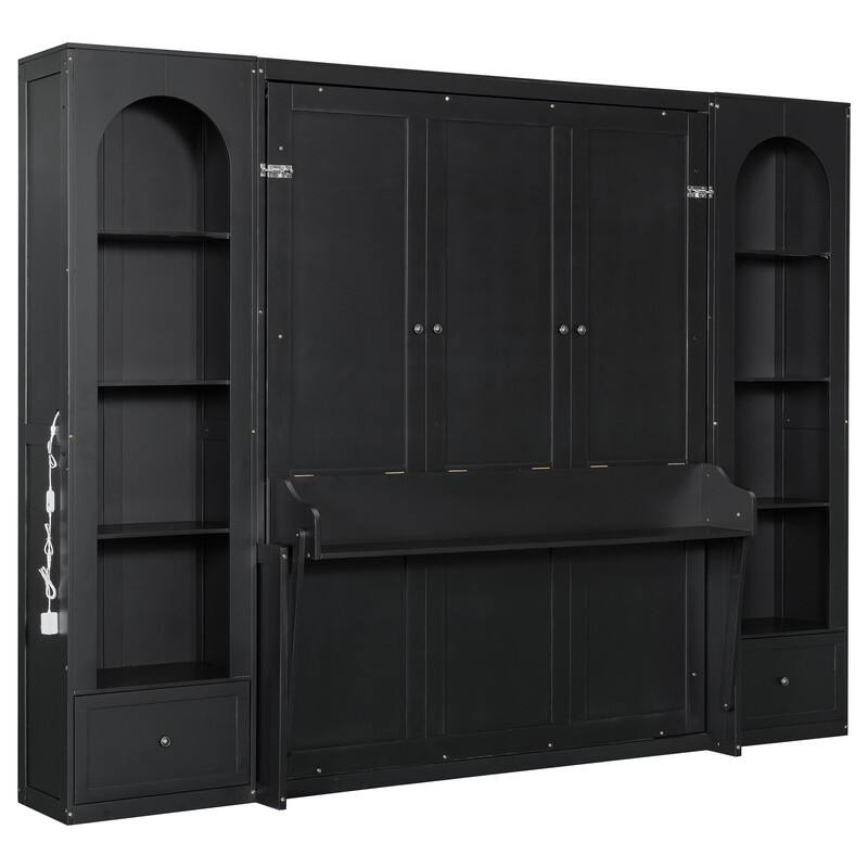 Queen Size Murphy Bed w/ Built-in Desk, 2 Arched Cabinets and 2 Drawers, Luxurious Folding Bed Frame w/ LED Light