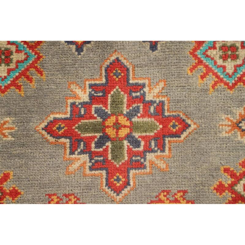 Geometric Kazak Foyer Rug Handmade Grey Wool Carpet - 2'8" x 4'0"