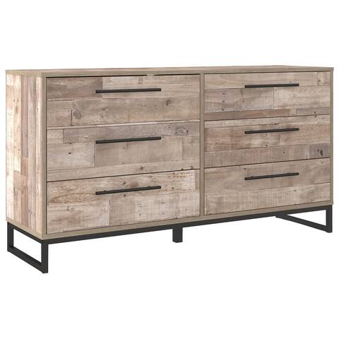 6 Drawer Wooden Dresser with Metal Legs, Washed Brown and Black