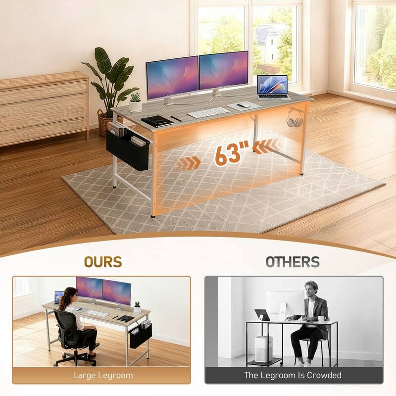 63” Computer Desk for Home Office ,Study Writing Desk with Storage, Side Hooks & Adjustable Feet