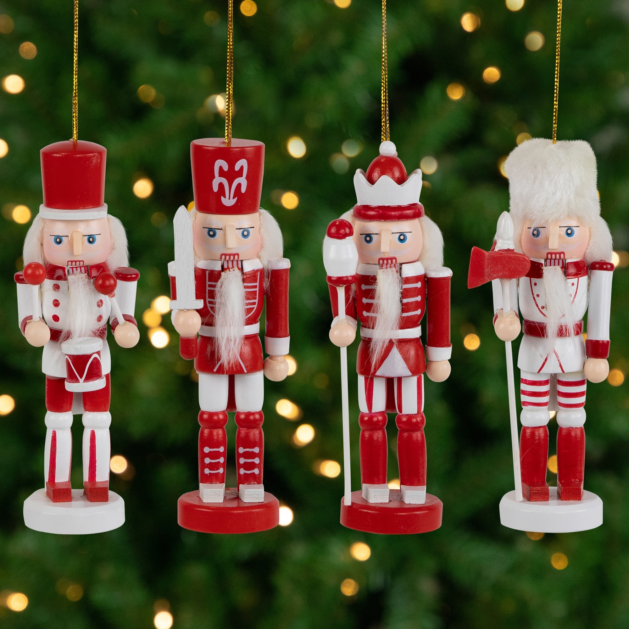 Nutcracker Soldiers Wooden Christmas Ornaments 5" Red White Set of 4