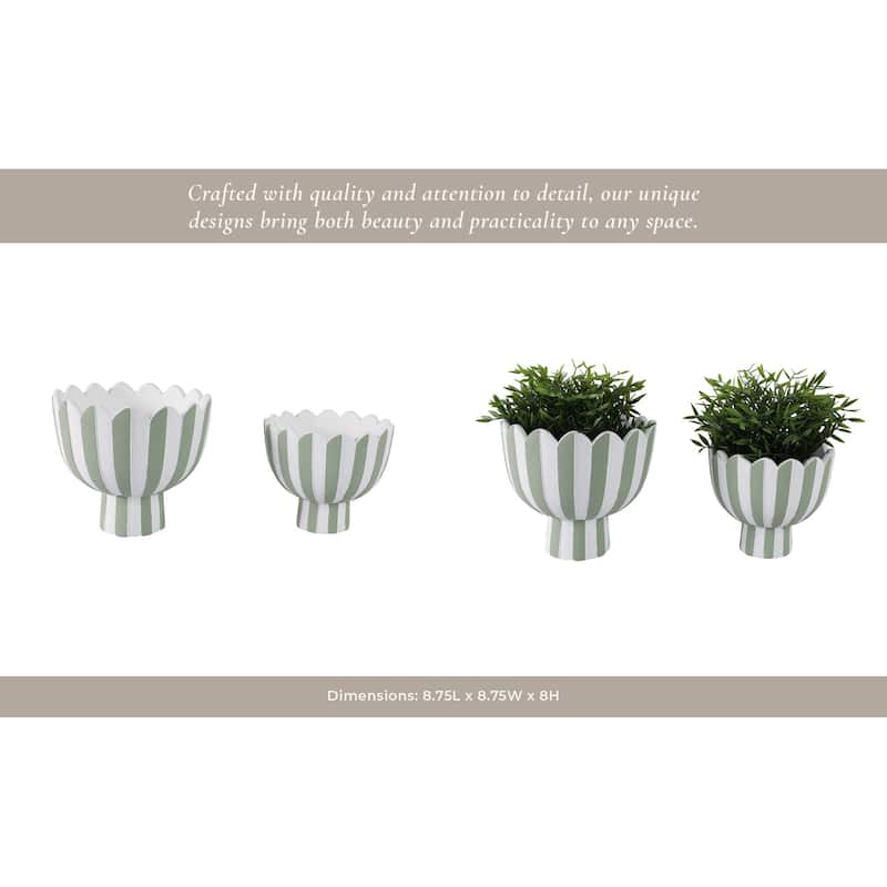 Pottery Planter Scalloped Rim Striped Design (Set of 2) - 8", 6" White - 8.75" x 8.75" x 8"