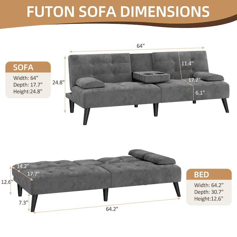 3-in-1 Convertible Sofa Bed with Folding Cup Holders & Adjustable Backrest – Modern Futon with Removable Armrests